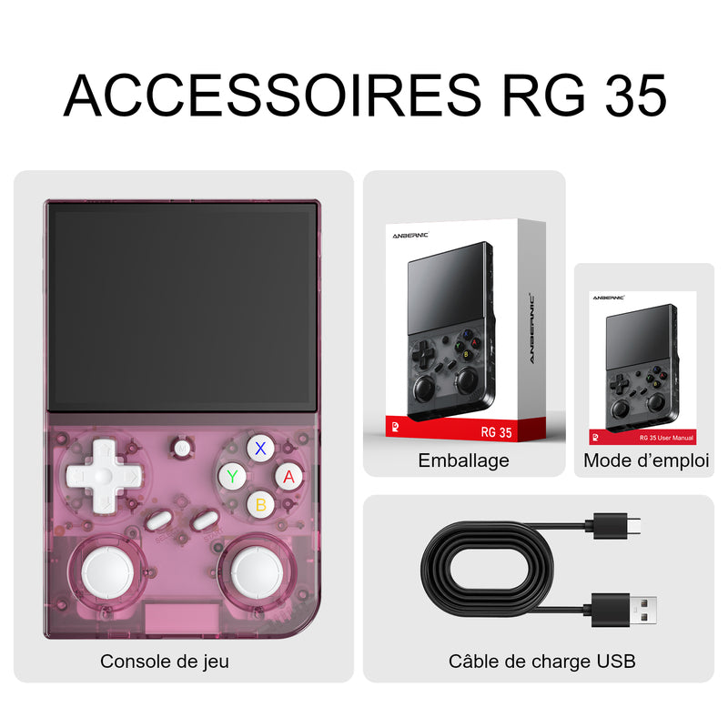 Accessoires RG 35, coloris Rose transparent : console de jeu, emballage, mode d’emploi et câble de charge USB.