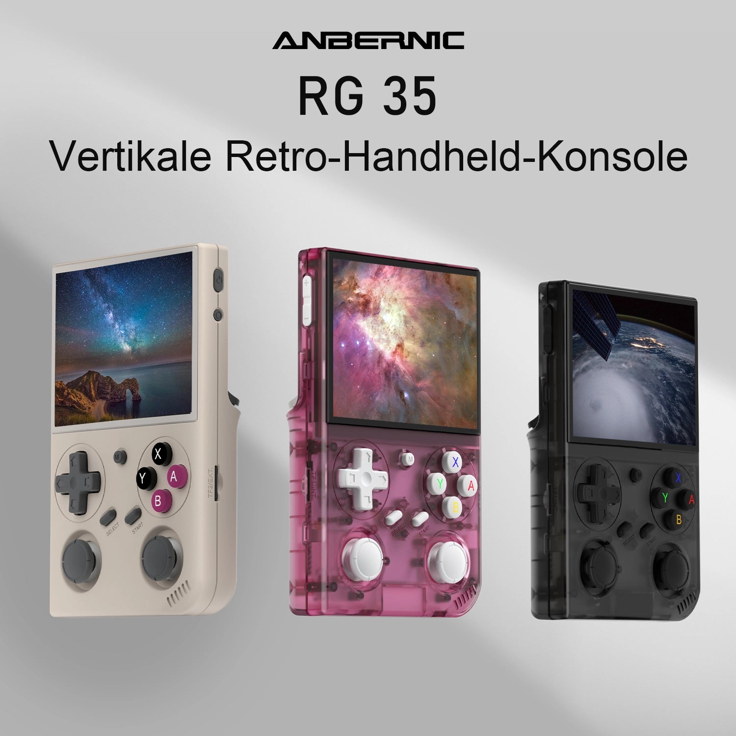 Drei Anbernic RG 35 vertikale Retro-Handheld-Konsolen in Beige, Pink und Schwarz