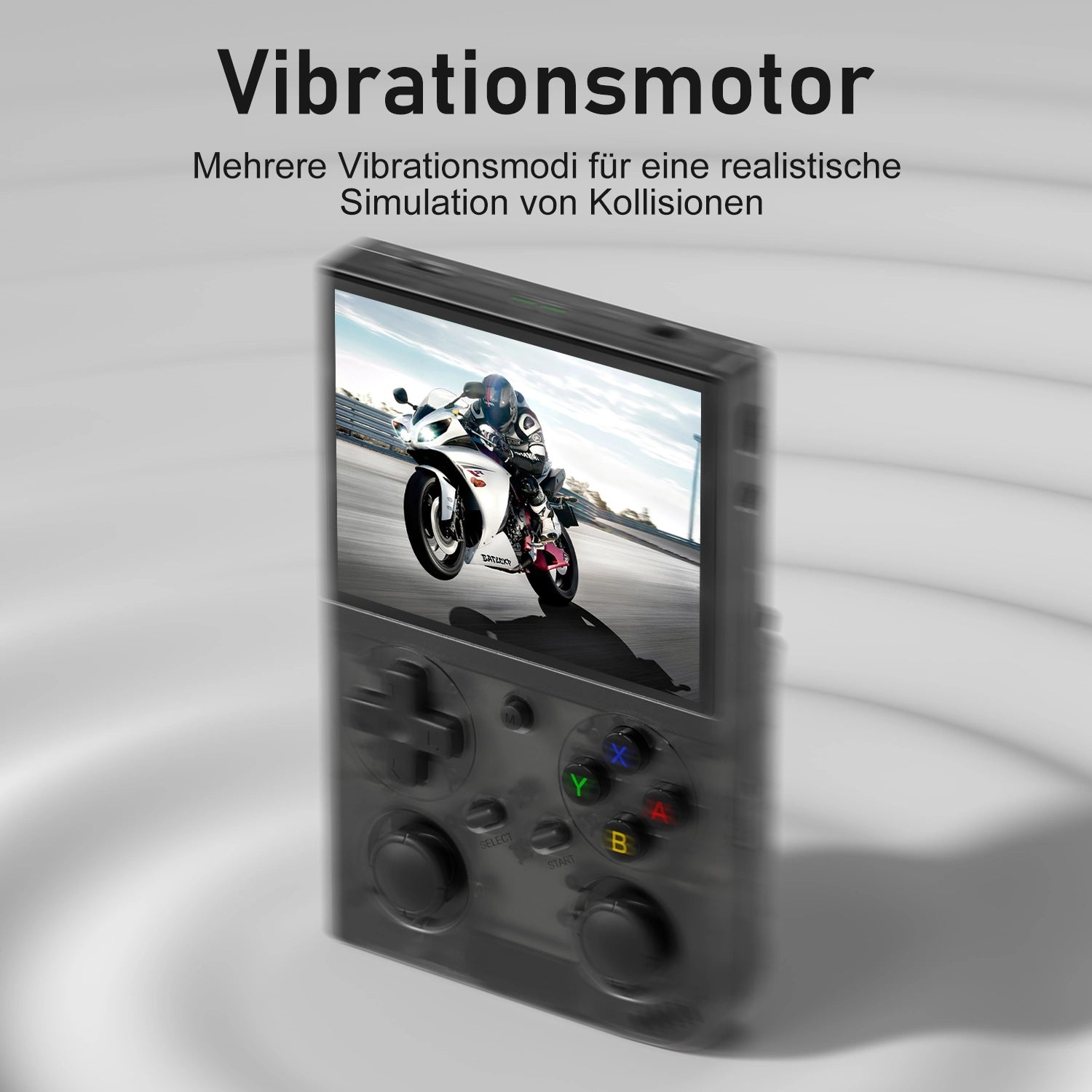 Handheld-Konsole mit Vibrationsmotor, Bildschirm zeigt Motorradrennen, D-Pad und farbige Tasten