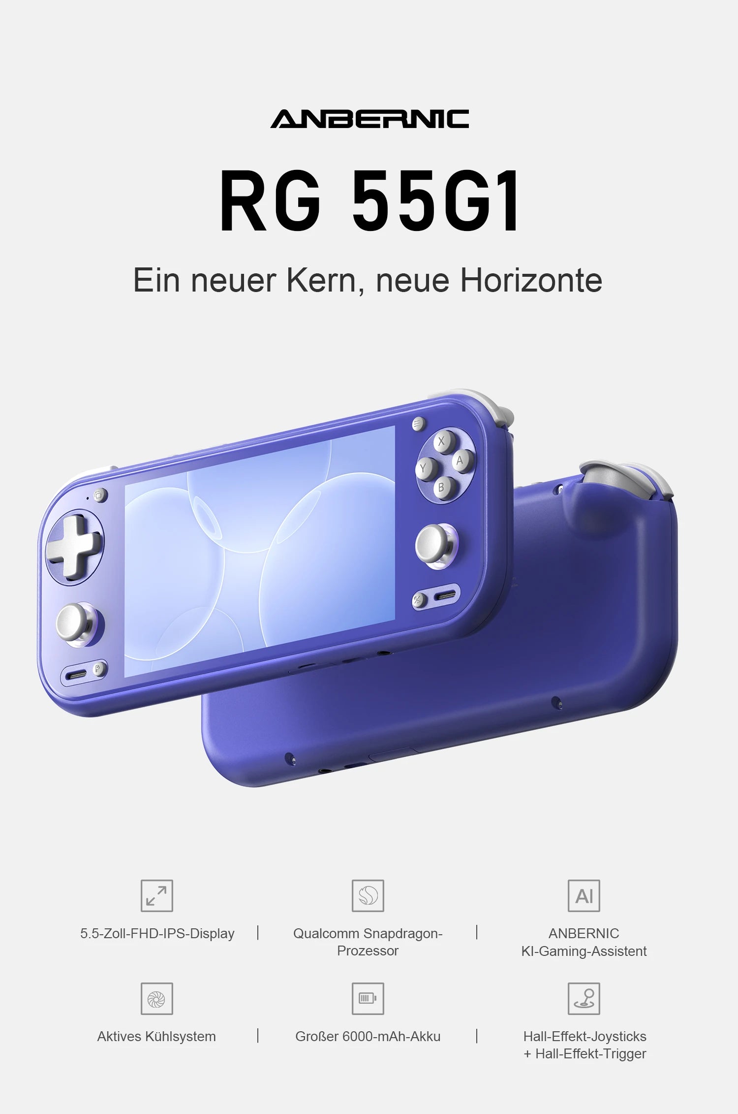 Lila ANBERNIC RG55G1 Handheld-Konsole in Vorder- und Rückansicht