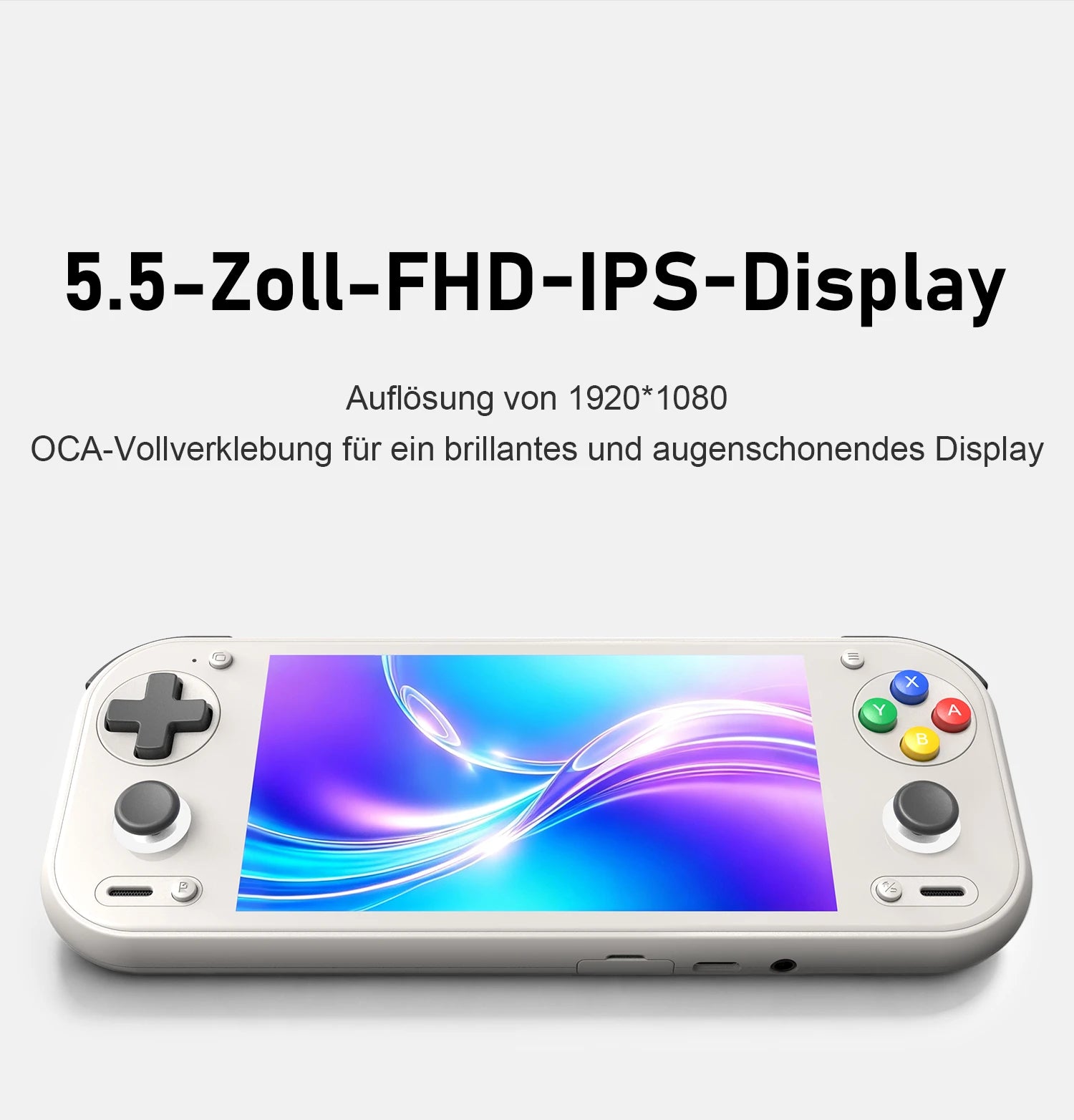 Weißer ANBERNIC RG55G1 Handheld mit 5,5-Zoll-FHD-IPS-Display, D-Pad und bunten Tasten