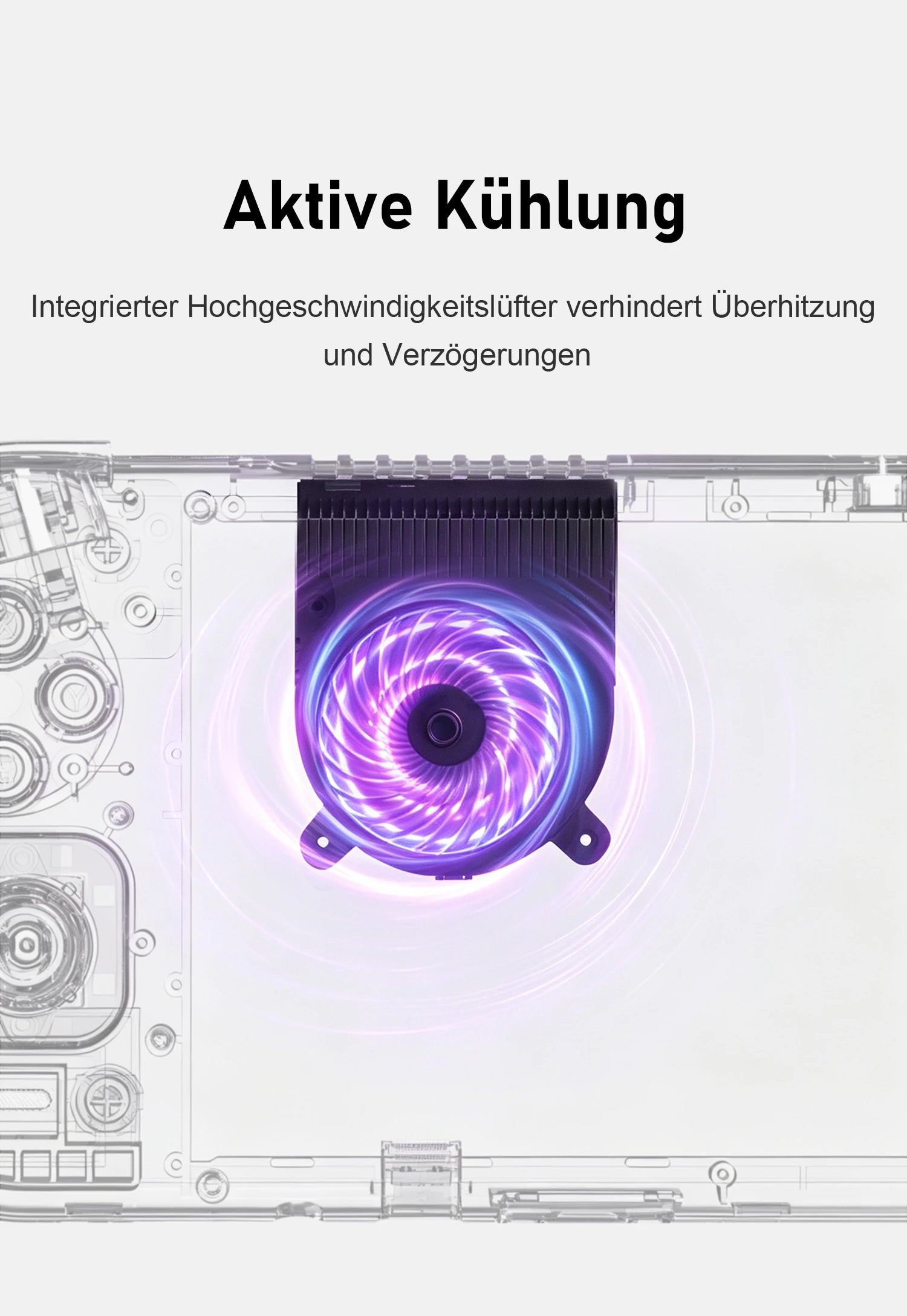 Illustration eines Handheld-Geräts mit leuchtend violettem Lüfter für aktive Kühlung.