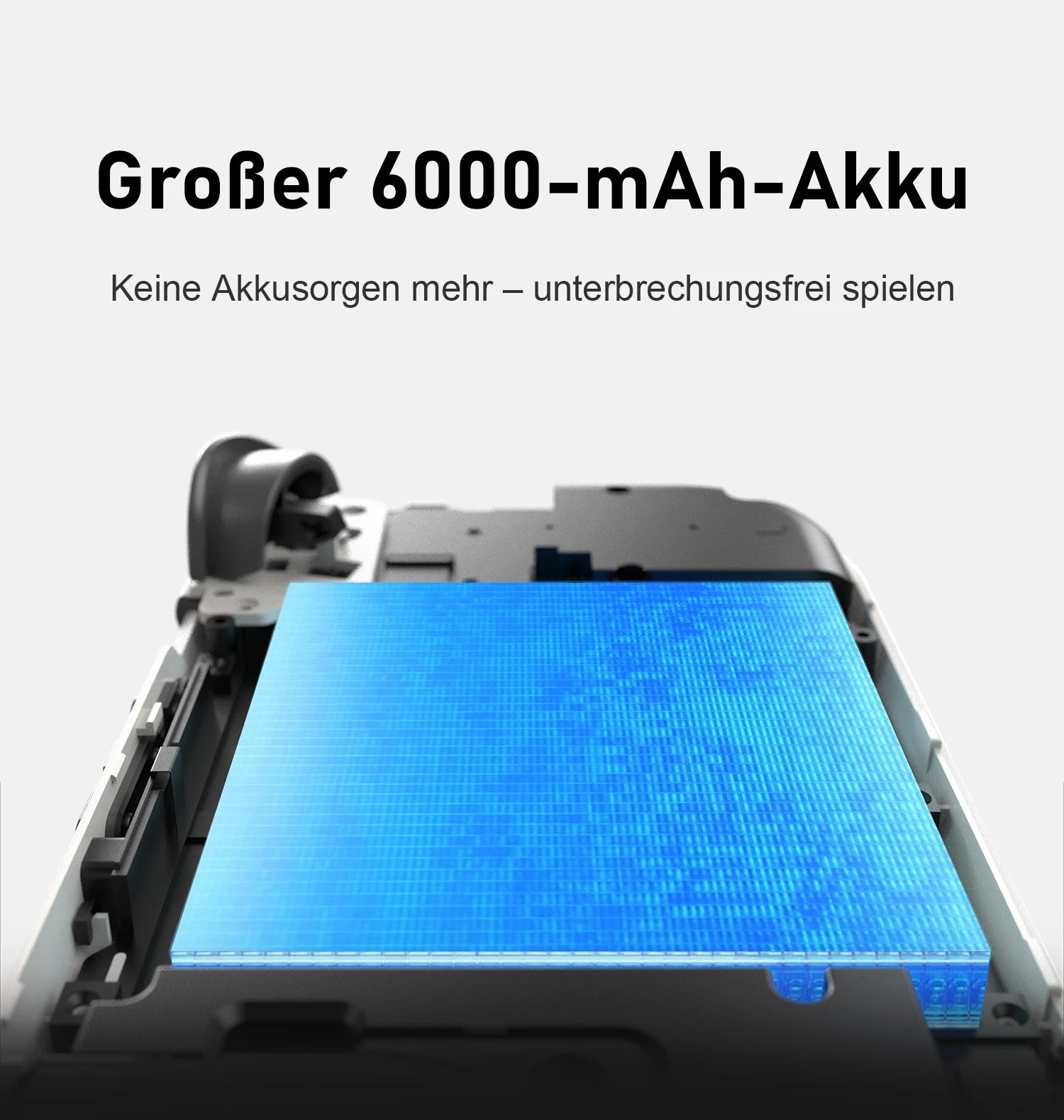Geöffnete Handheld-Konsole mit großem 6000-mAh-Akku in Blau hervorgehoben
