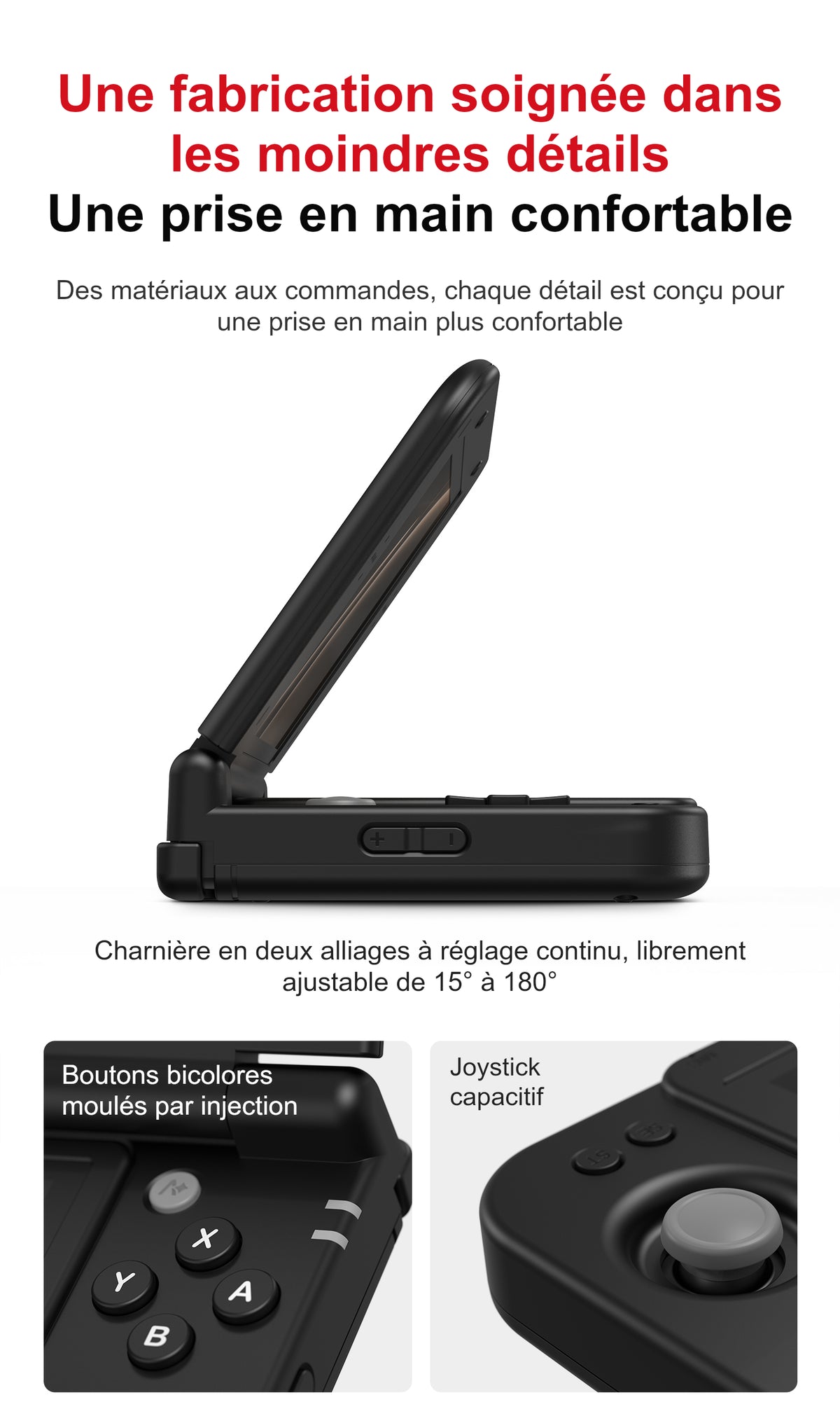 Console de jeu portable noire à clapet, vue de profil ouverte, avec commande latérale +/− et gros plans des boutons A, B, X, Y et du joystick gris. Les légendes indiquent une charnière réglable en continu de 15° à 180°, des boutons bicolores moulés par injection et un joystick capacitif.