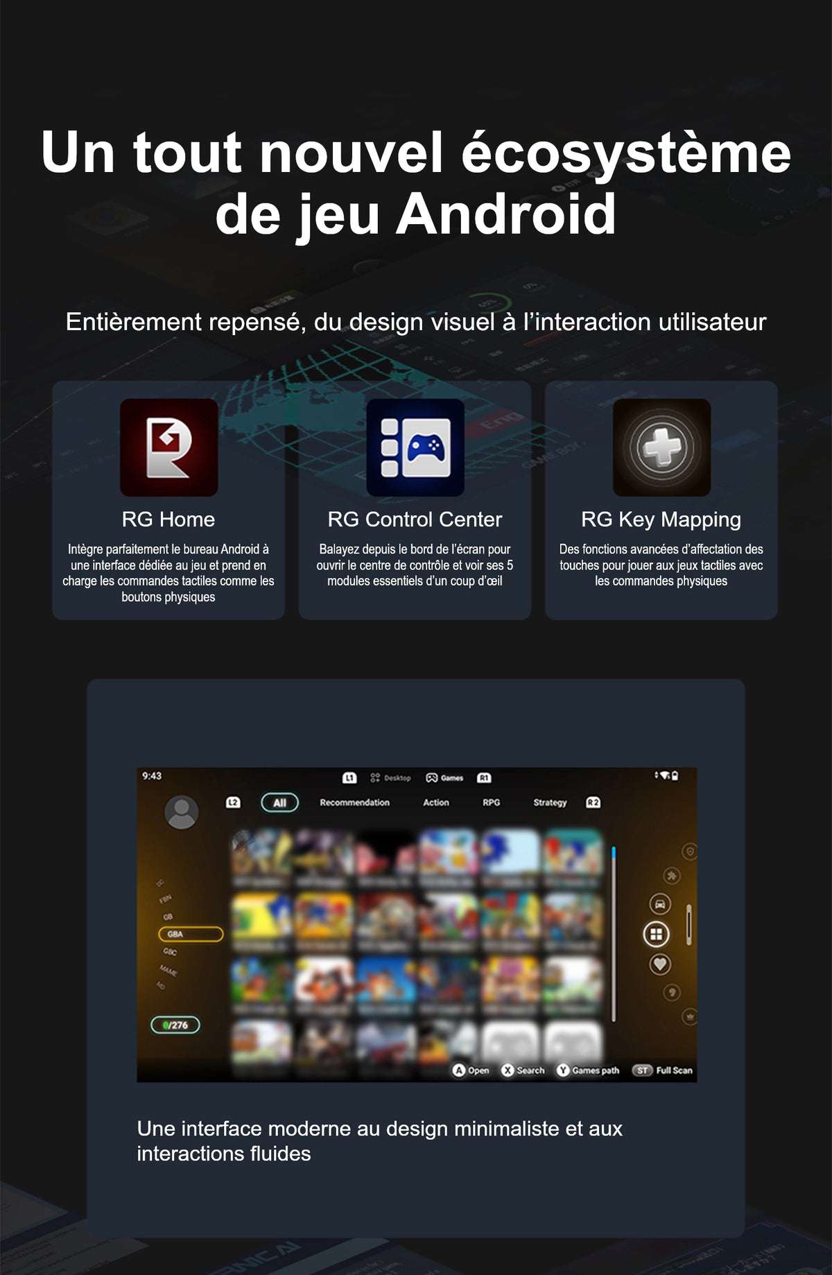 Présentation sur fond sombre d’un écosystème de jeu Android, avec trois encadrés : RG Home, RG Control Center et RG Key Mapping, dédiés à l’interface de jeu, au centre de contrôle et à l’affectation des touches physiques aux jeux tactiles. En dessous, une capture montre une bibliothèque de jeux en grille, avec catégories et commandes de navigation.