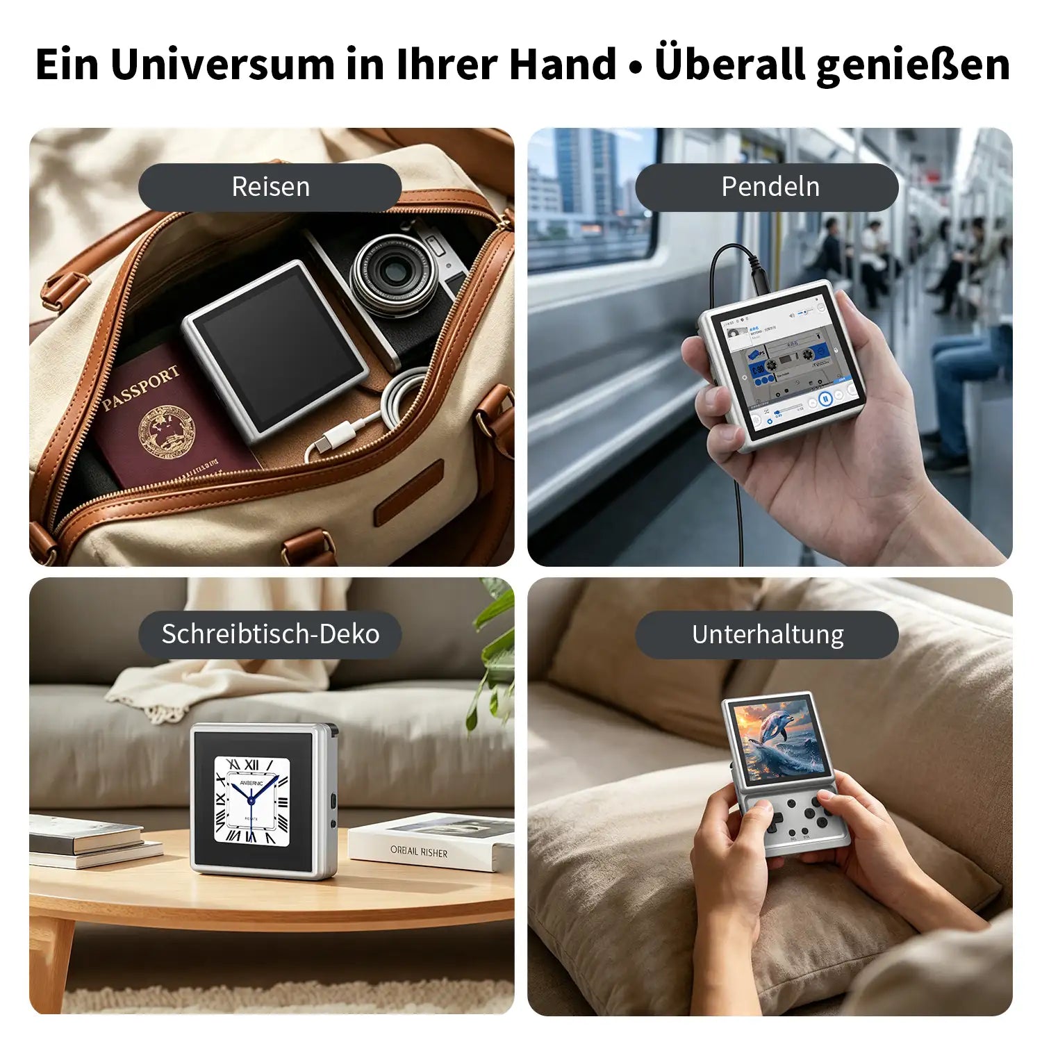 Vier grundlegende Anwendungsszenarien des RG Rotate. Beinhaltet den Aufbewahrungszustand in einer Reisetasche, die Audiowiedergabe während des Pendelns, die Platzierung als Tischuhr und die Handheld-Nutzung zu Hause.