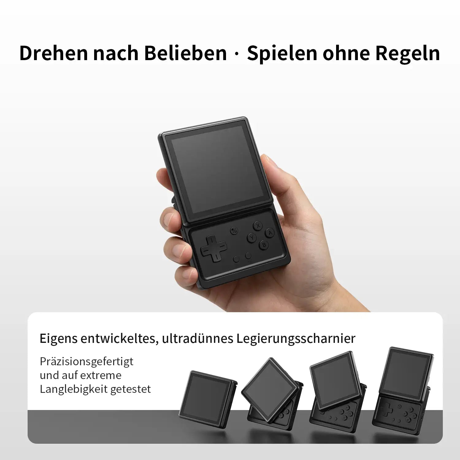 Handheld-Nutzungsstatus des RG Rotate. Das untere Diagramm zeigt die Bildschirmdrehstruktur und den Vorgang in mehreren Winkeln unter Verwendung des ultradünnen Legierungsscharniers.