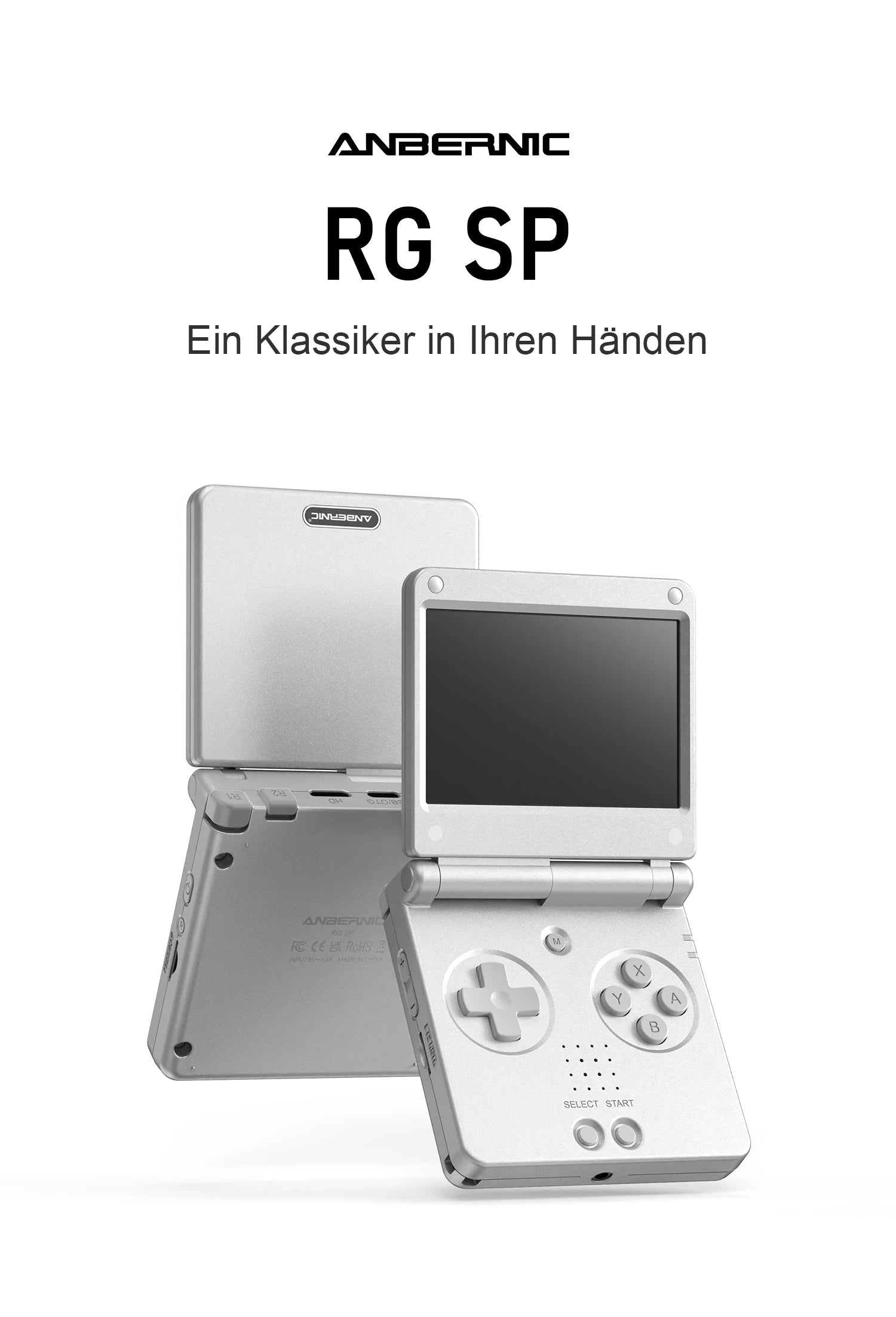 Silberne ANBERNIC RG SP Klapp-Handheld-Konsole, vorne geöffnet und hinten in Rückansicht