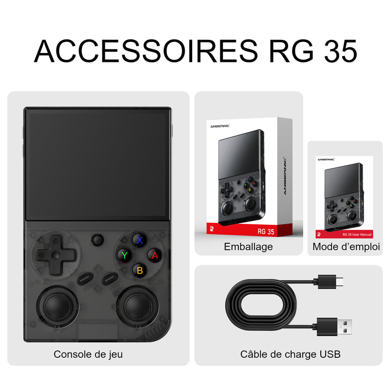 Accessoires RG 35, coloris Noir transparent : console de jeu, emballage, mode d’emploi et câble de charge USB.