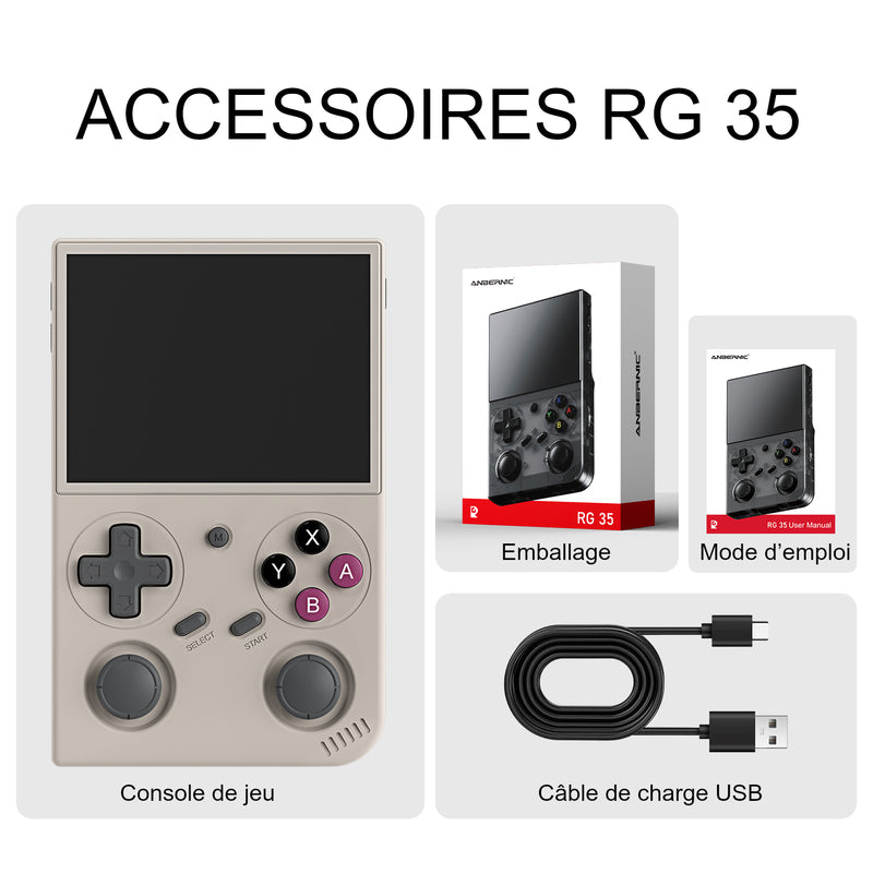 Accessoires RG 35, coloris Gris : console de jeu, emballage, mode d’emploi et câble de charge USB.