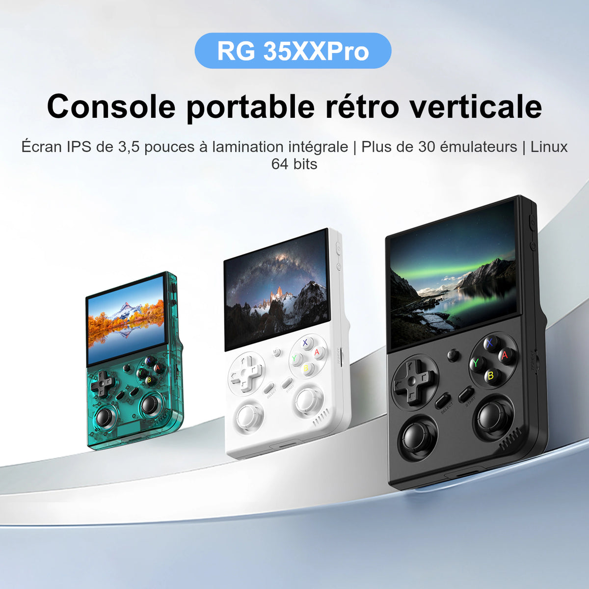 RG 35XXPro, console portable rétro verticale présentée en trois coloris, avec écran IPS de 3,5 pouces et Linux 64 bits.