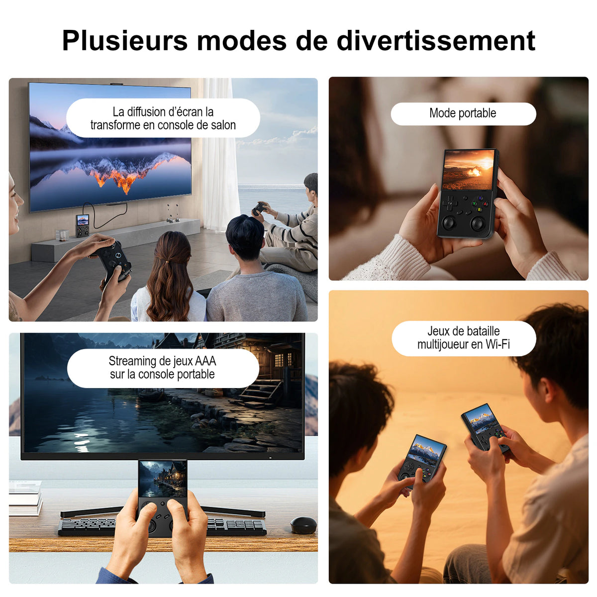 Collage des usages du RG 35XXPro : mode portable, projection sur grand écran, streaming de jeux AAA et multijoueur en Wi-Fi.