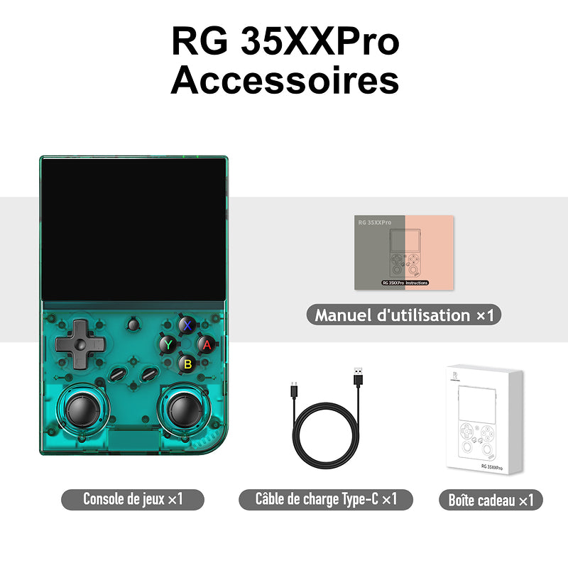 Accessoires RG 35XXPro, coloris Turquoise transparent : Manuel d'utilisation ×1 ; Console de jeux ×1 ; Câble de charge Type-C ×1 ; Boîte cadeau ×1.