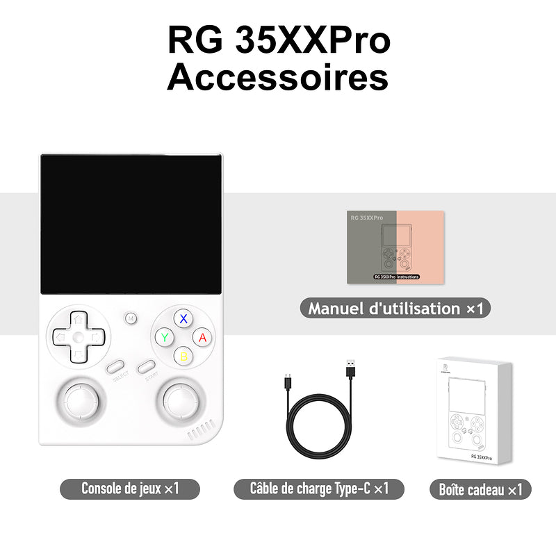 Accessoires RG 35XXPro, coloris Blanc : Manuel d'utilisation ×1 ; Console de jeux ×1 ; Câble de charge Type-C ×1 ; Boîte cadeau ×1.