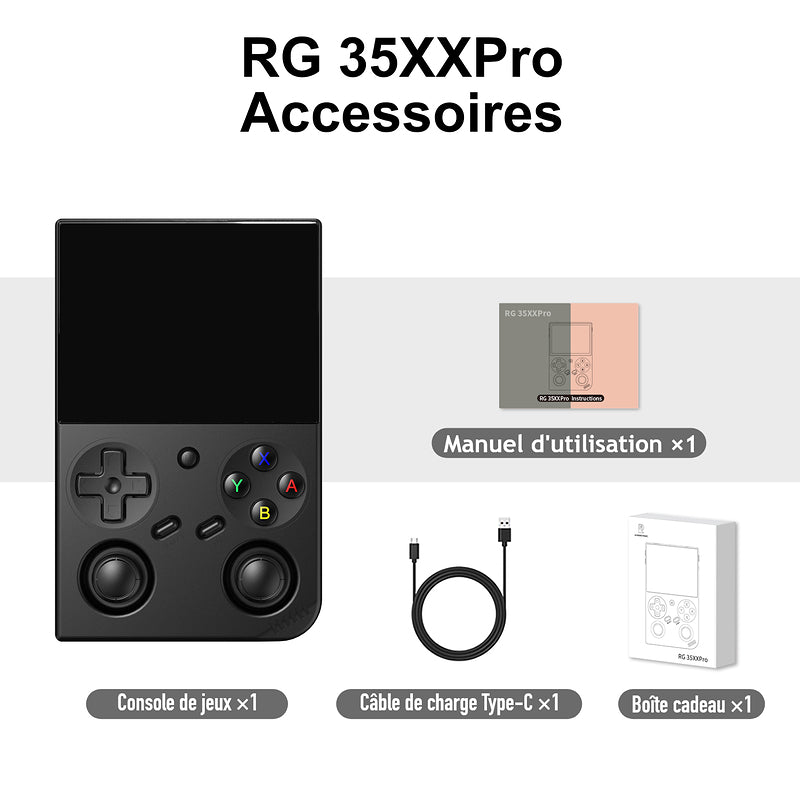 Accessoires RG 35XXPro, coloris Noir : Manuel d'utilisation ×1 ; Console de jeux ×1 ; Câble de charge Type-C ×1 ; Boîte cadeau ×1.