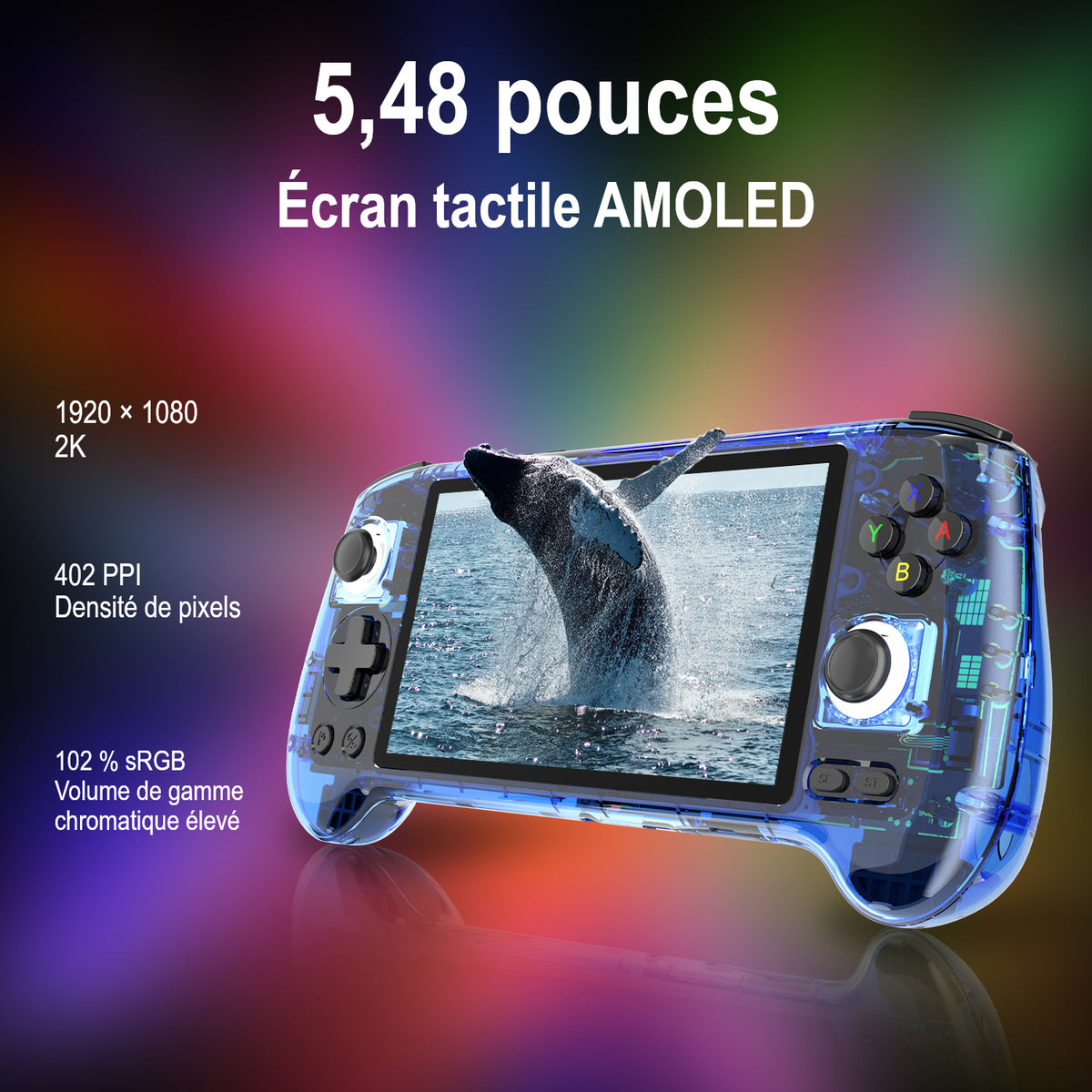 RG556 : écran tactile AMOLED de 5,48 pouces, résolution 1920 × 1080 et densité de 402 ppp.