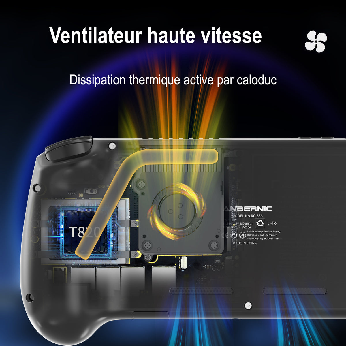 RG556 : refroidissement actif avec ventilateur rapide et caloduc.