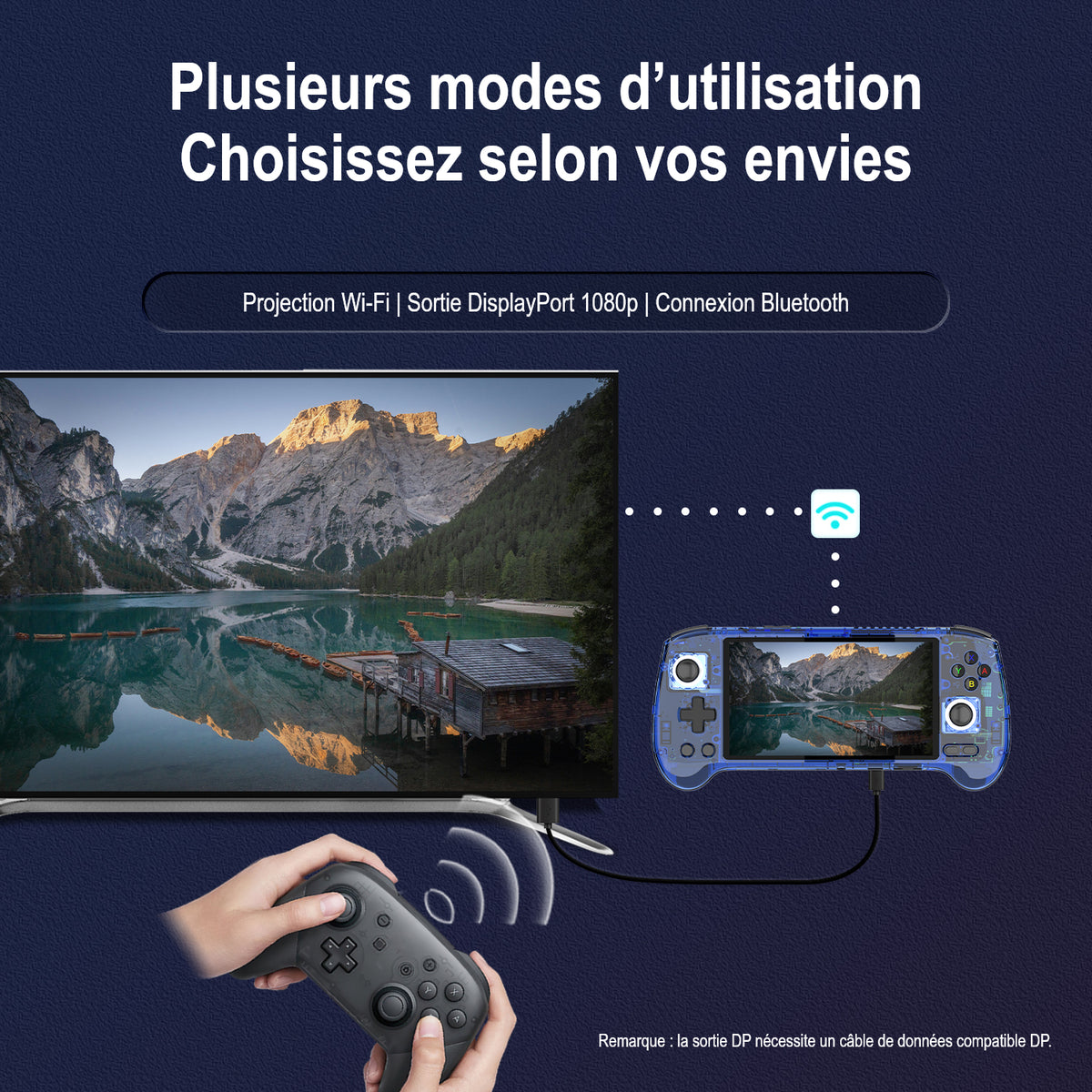 RG556 : projection sans fil, sortie DisplayPort 1080p et connexion Bluetooth ; la sortie DP nécessite un câble compatible.