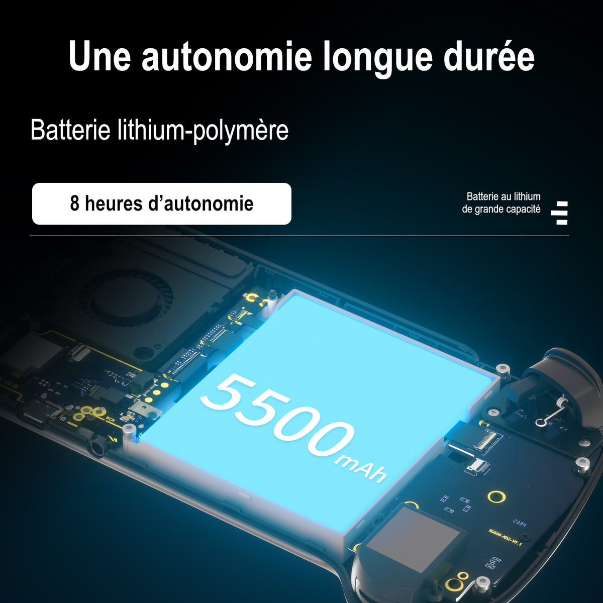 RG556 : batterie lithium-polymère à grande capacité et autonomie annoncée de 8 heures.