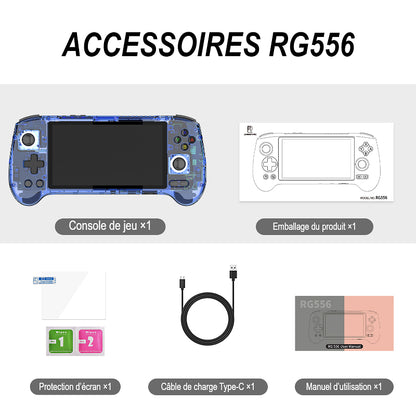 Accessoires RG556, coloris Bleu T : console, protection d’écran, emballage du produit, câble de charge Type-C et manuel d’utilisation.