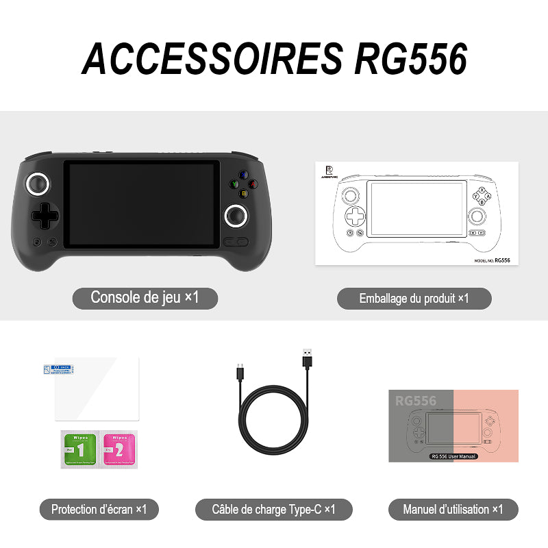 Accessoires RG556, coloris Noir : console, protection d’écran, emballage du produit, câble de charge Type-C et manuel d’utilisation.
