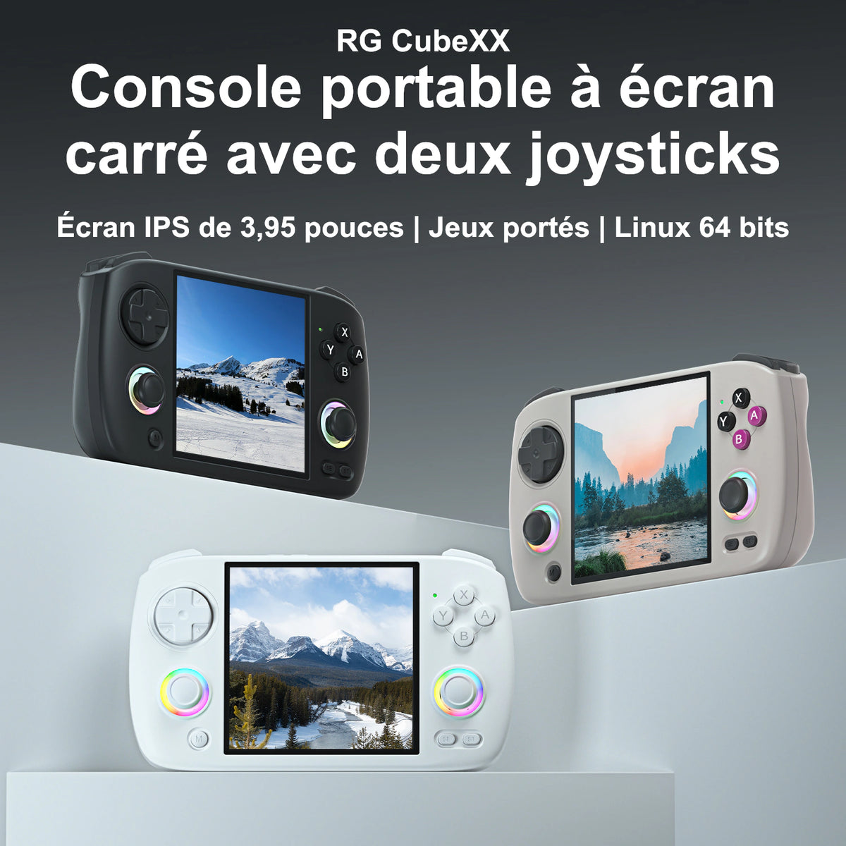 RG CubeXX, console portable à écran carré et double joystick, présentée en plusieurs coloris avec système Linux 64 bits.
