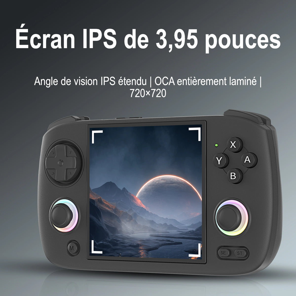 Écran IPS carré de 3,95 pouces du RG CubeXX, avec grand angle de vision, lamination OCA et résolution 720 × 720.