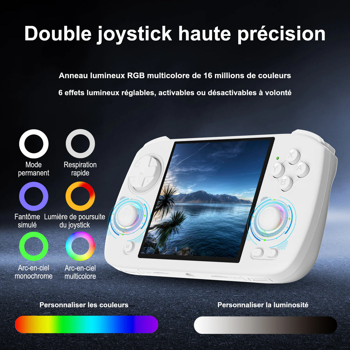 Gros plan du RG CubeXX avec deux joysticks de précision et anneaux lumineux RGB proposant plusieurs effets réglables.