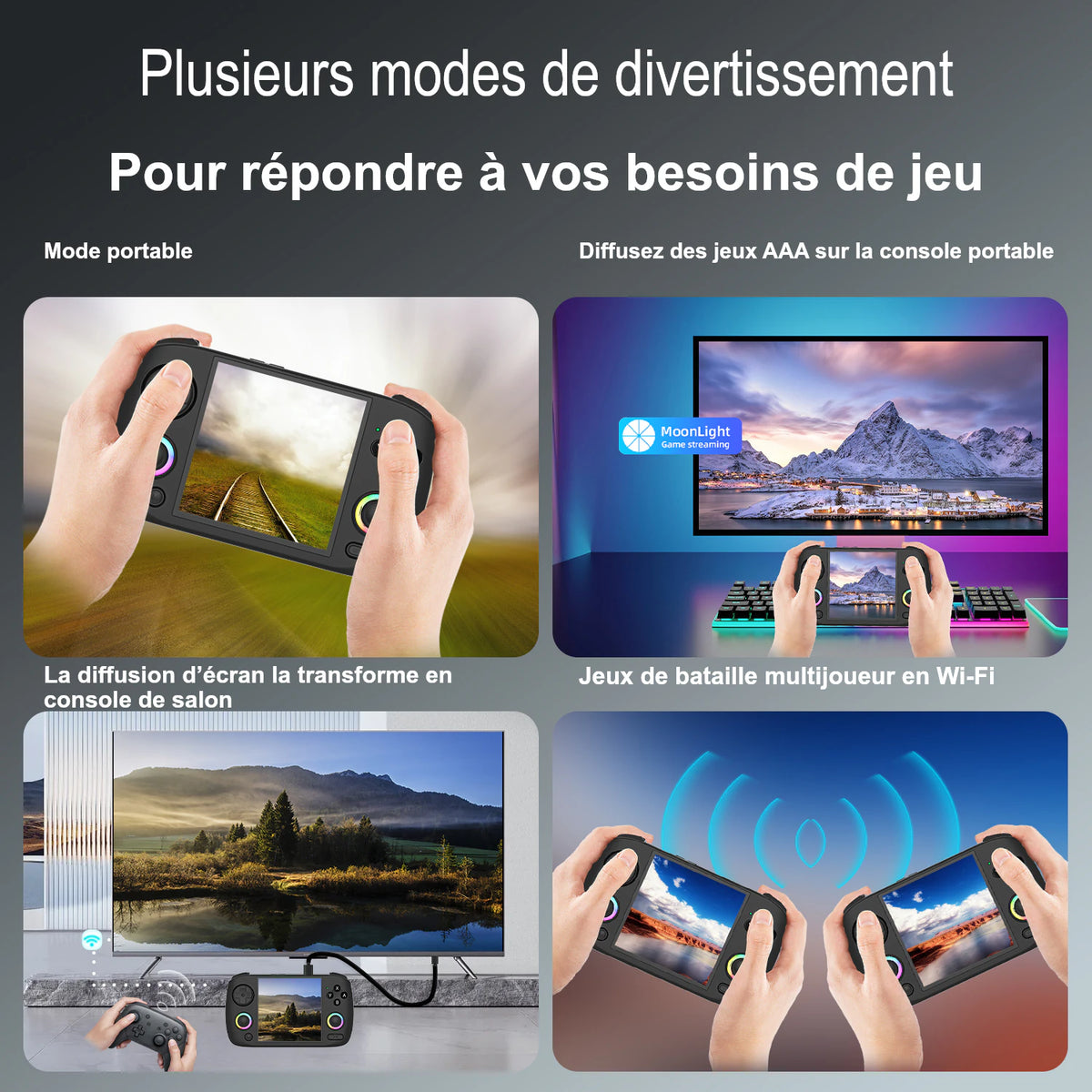Collage des modes de jeu du RG CubeXX : mode portable, projection sur téléviseur, streaming et multijoueur en Wi-Fi.