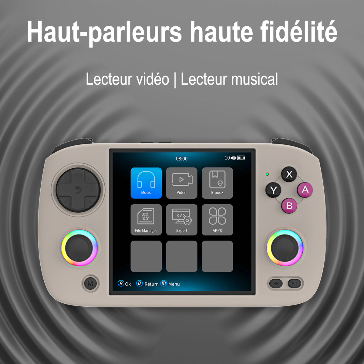 Vue du RG CubeXX avec son menu à l’écran, illustrant les haut-parleurs haute fidélité et les fonctions vidéo et musicales.
