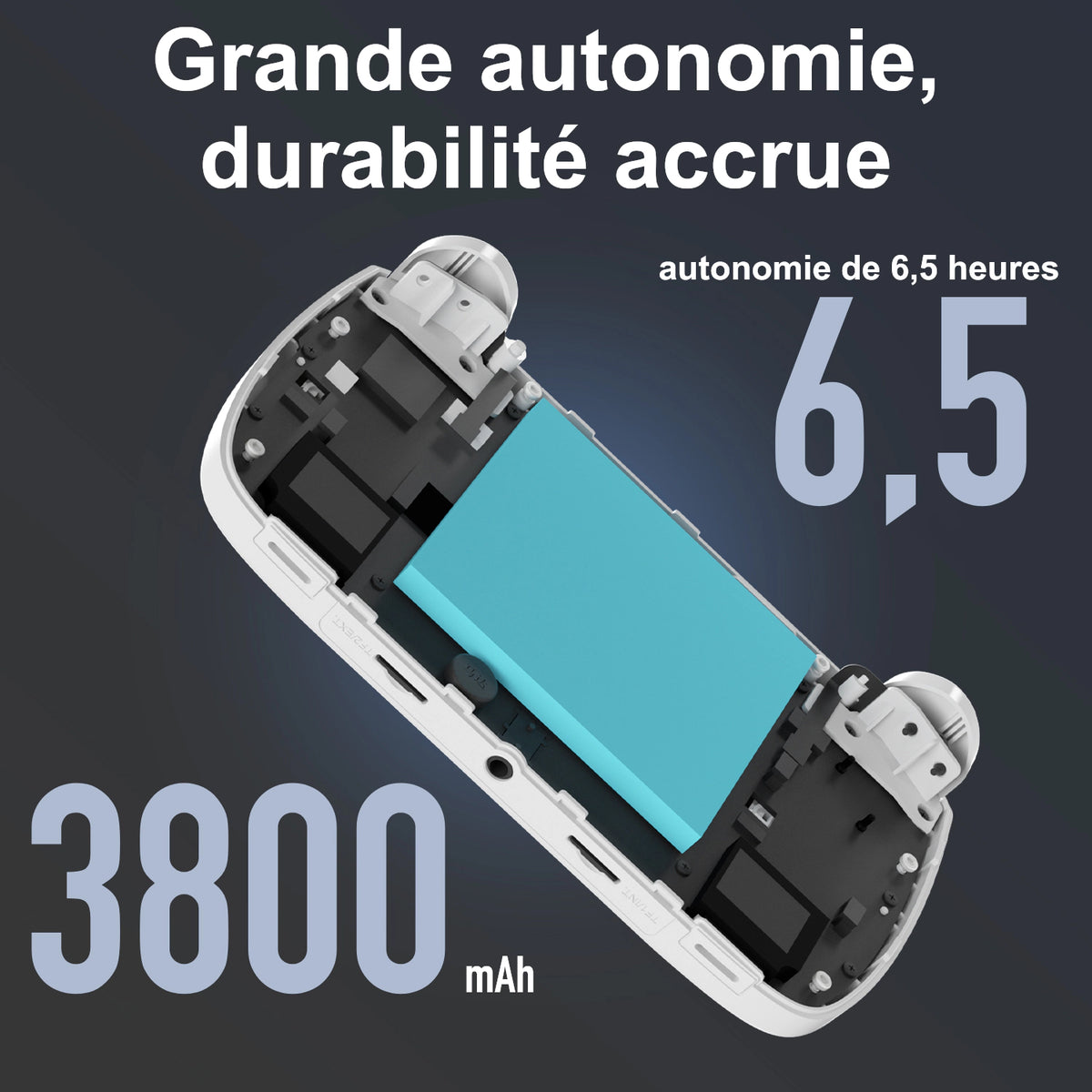 Vue interne du RG CubeXX montrant la batterie de 3800 mAh et une autonomie annoncée de 6,5 heures.