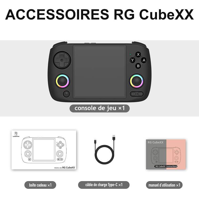 Accessoires RG CubeXX, coloris Noir : console de jeux, boîte cadeau, câble de charge Type-C et manuel d’utilisation.