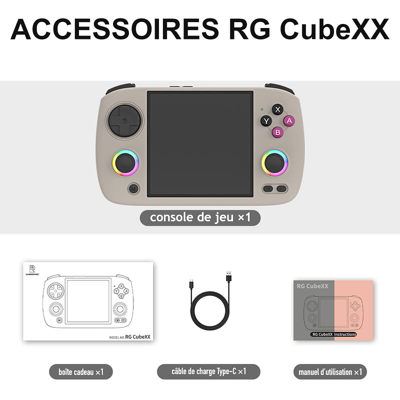 Accessoires RG CubeXX, coloris Gris : console de jeux, boîte cadeau, câble de charge Type-C et manuel d’utilisation.