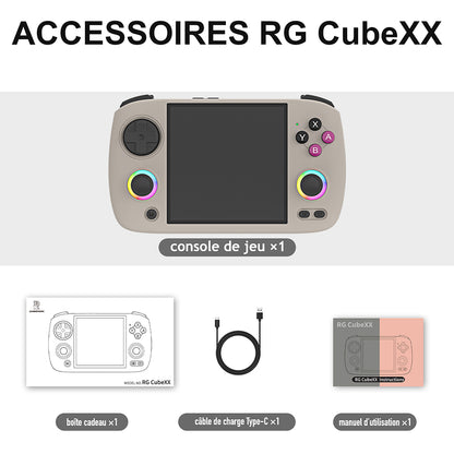 Accessoires RG CubeXX, coloris Gris : console de jeux, boîte cadeau, câble de charge Type-C et manuel d’utilisation.