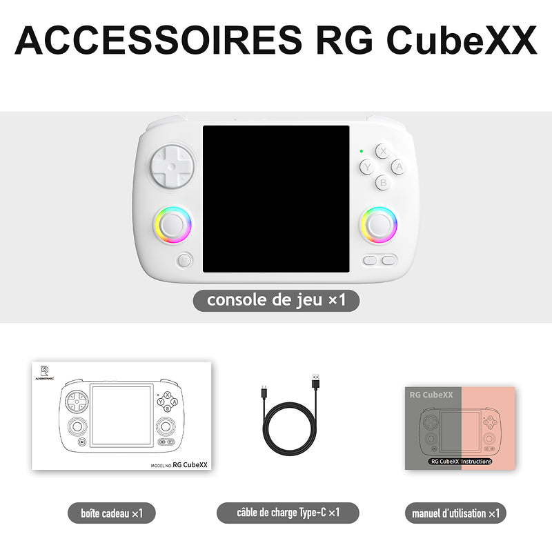 Accessoires RG CubeXX, coloris Blanc : console de jeux, boîte cadeau, câble de charge Type-C et manuel d’utilisation.