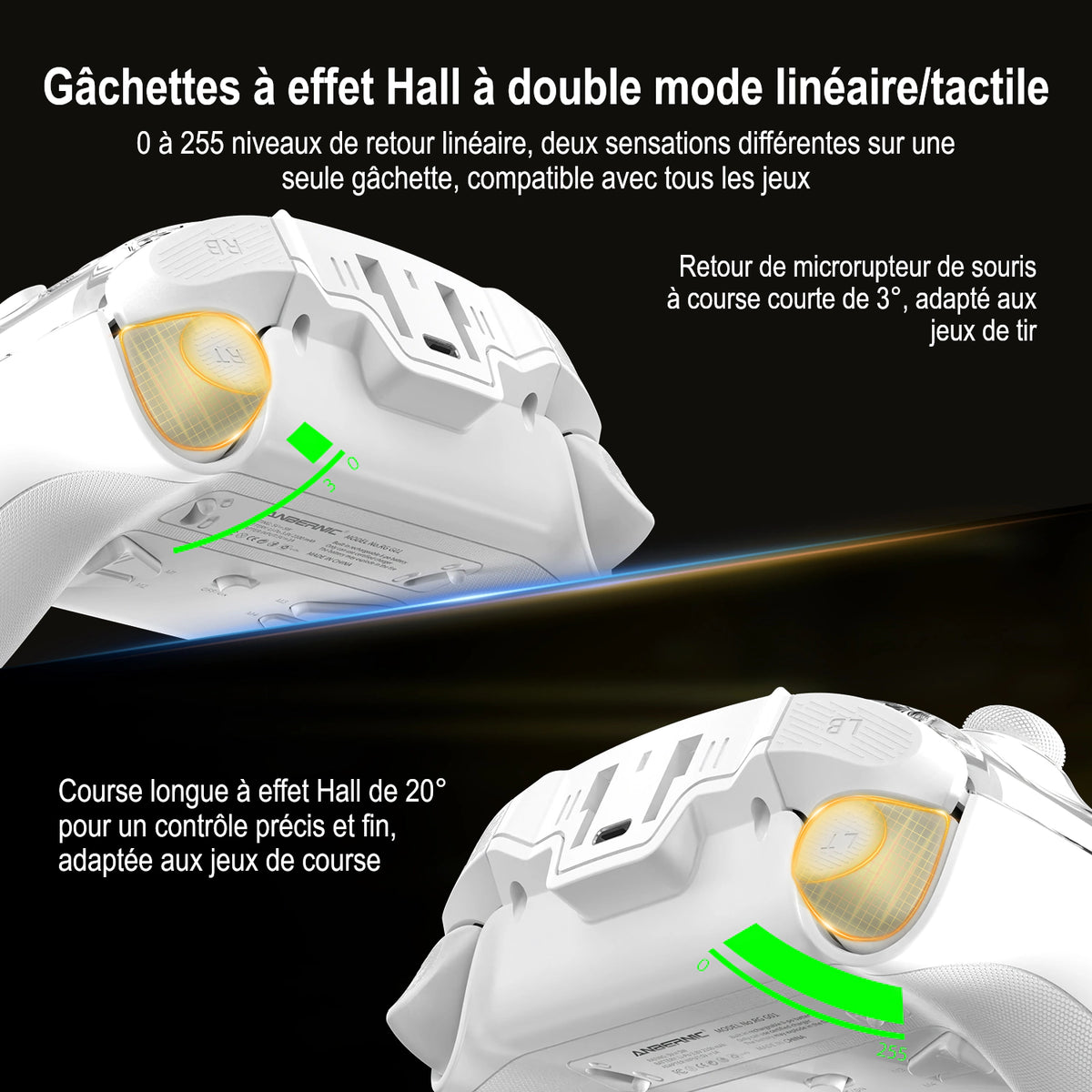 RG G01 — Gâchettes à effet Hall à double mode linéaire/tactile.
