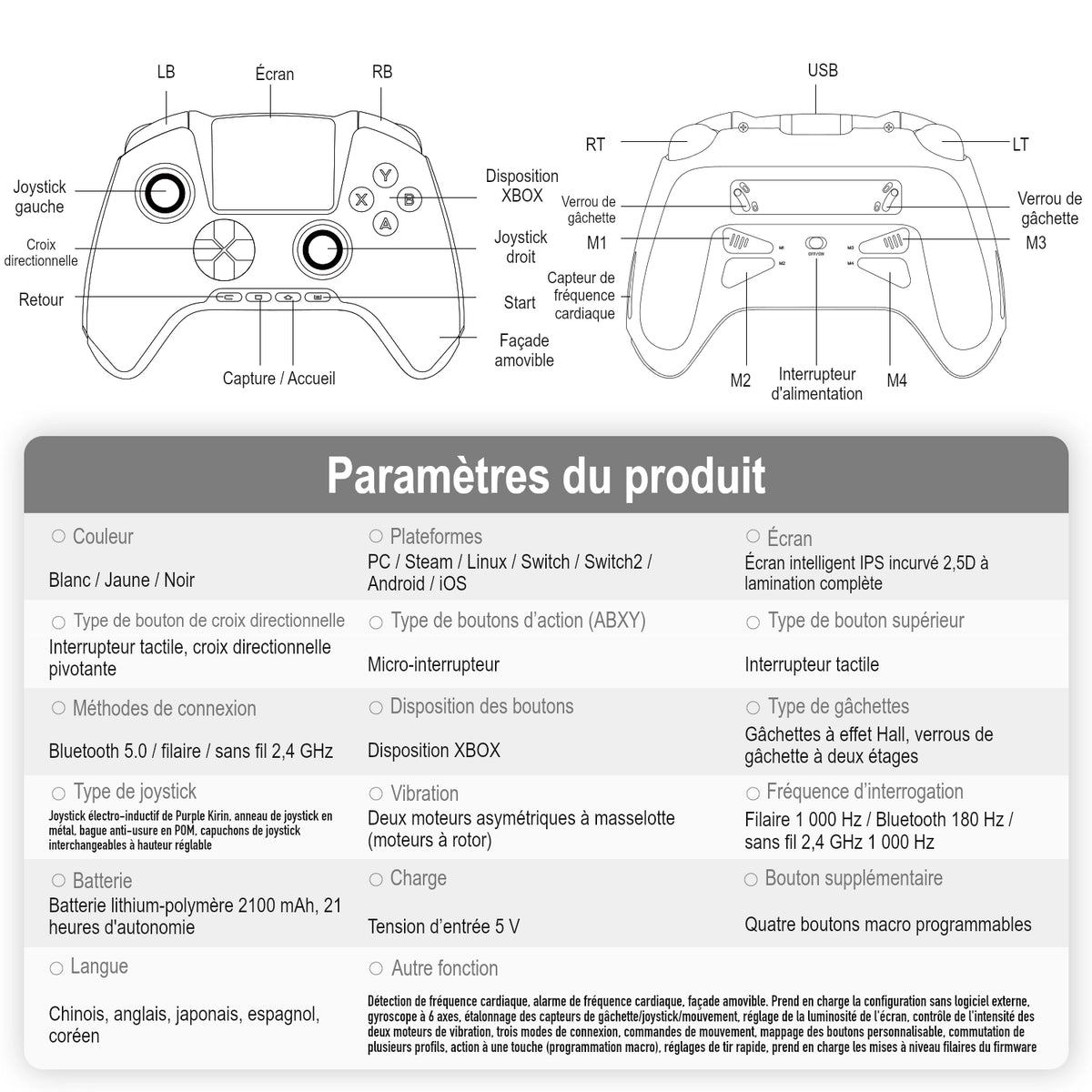 RG G01 — Schéma des commandes et caractéristiques techniques.