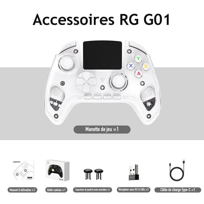 Accessoires RG G01, coloris Blanc : Manette de jeu ×1 ; Manuel d’utilisation ×1 ; Boîte cadeau ×1 ; Capuchons de joystick hauts amovibles ×2 ; Récepteur sans fil 2,4 GHz ×1 ; Câble de charge Type-C ×1.