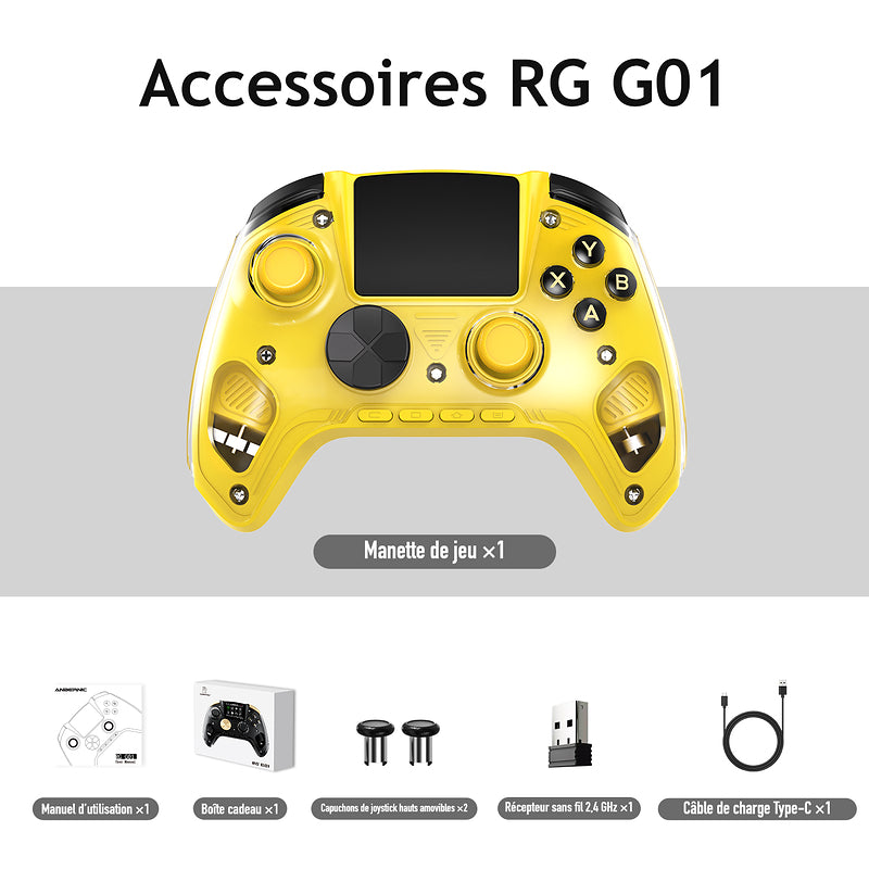 Accessoires RG G01, coloris Jaune : Manette de jeu ×1 ; Manuel d’utilisation ×1 ; Boîte cadeau ×1 ; Capuchons de joystick hauts amovibles ×2 ; Récepteur sans fil 2,4 GHz ×1 ; Câble de charge Type-C ×1.