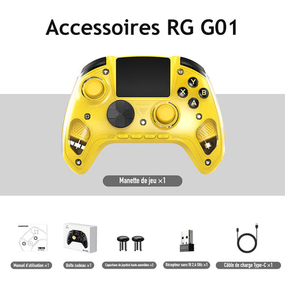 Accessoires RG G01, coloris Jaune : Manette de jeu ×1 ; Manuel d’utilisation ×1 ; Boîte cadeau ×1 ; Capuchons de joystick hauts amovibles ×2 ; Récepteur sans fil 2,4 GHz ×1 ; Câble de charge Type-C ×1.