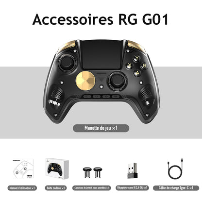 Accessoires RG G01, coloris Noir : Manette de jeu ×1 ; Manuel d’utilisation ×1 ; Boîte cadeau ×1 ; Capuchons de joystick hauts amovibles ×2 ; Récepteur sans fil 2,4 GHz ×1 ; Câble de charge Type-C ×1.