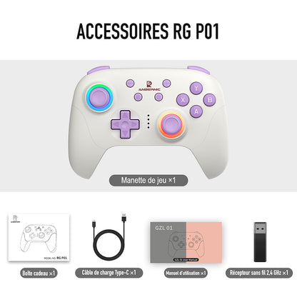 Accessoires RG P01, coloris Blanc beige : Manette de jeu ×1 ; Boîte cadeau ×1 ; Câble de charge Type-C ×1 ; Manuel d’utilisation ×1 ; Récepteur sans fil 2,4 GHz ×1.