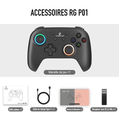 Accessoires RG P01, coloris Noir : Manette de jeu ×1 ; Boîte cadeau ×1 ; Câble de charge Type-C ×1 ; Manuel d’utilisation ×1 ; Récepteur sans fil 2,4 GHz ×1.