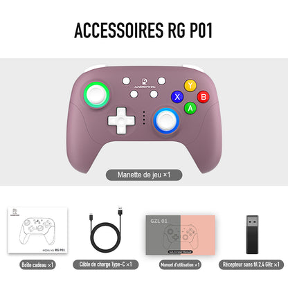 Accessoires RG P01, coloris Violet éclatant : Manette de jeu ×1 ; Boîte cadeau ×1 ; Câble de charge Type-C ×1 ; Manuel d’utilisation ×1 ; Récepteur sans fil 2,4 GHz ×1.