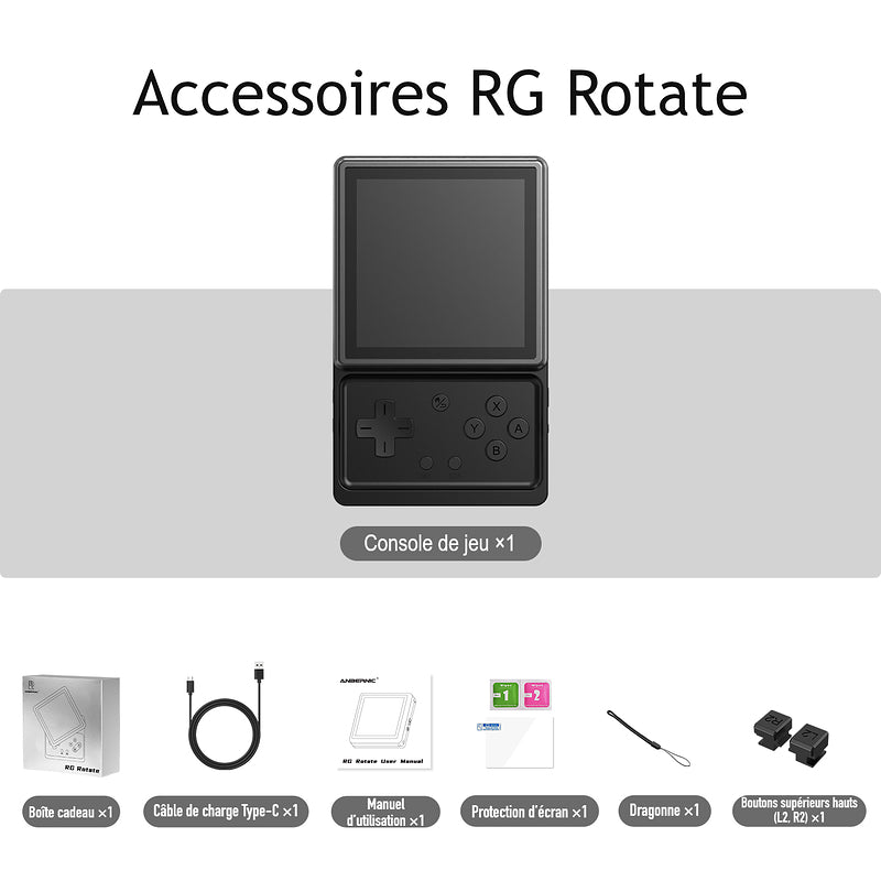 Accessoires RG Rotate, coloris Noir polaire : Console de jeu ×1 ; Boîte cadeau ×1 ; Câble de charge Type-C ×1 ; Manuel d’utilisation ×1 ; Protection d’écran ×1 ; Dragonne ×1 ; Boutons supérieurs hauts (L2, R2) ×1.