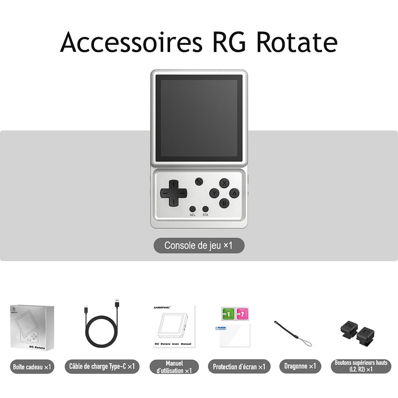 Accessoires RG Rotate, coloris Argent Aurora : Console de jeu ×1 ; Boîte cadeau ×1 ; Câble de charge Type-C ×1 ; Manuel d’utilisation ×1 ; Protection d’écran ×1 ; Dragonne ×1 ; Boutons supérieurs hauts (L2, R2) ×1.
