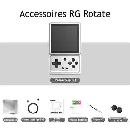 Accessoires RG Rotate, coloris Argent Aurora : Console de jeu ×1 ; Boîte cadeau ×1 ; Câble de charge Type-C ×1 ; Manuel d’utilisation ×1 ; Protection d’écran ×1 ; Dragonne ×1 ; Boutons supérieurs hauts (L2, R2) ×1.